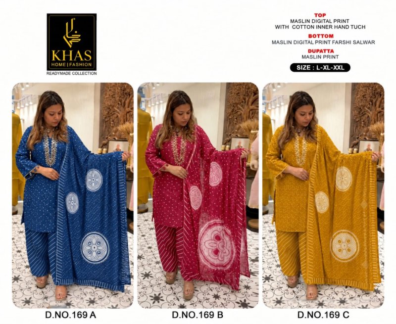 Khas 169 A To C Maslin Digital Printed Kurti With Bottom Dupatta 